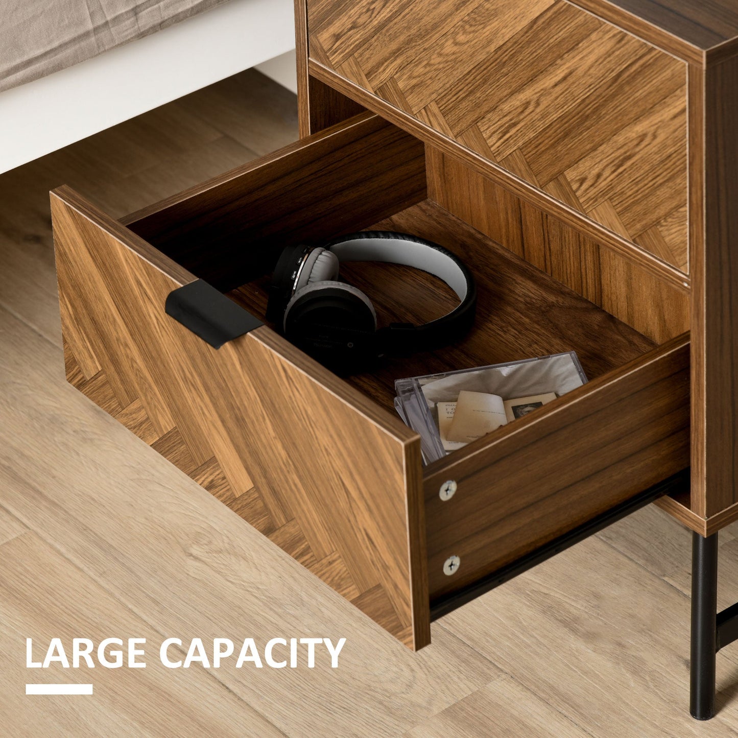 Side Cabinet Home Organizer with 2 Storage Drawer Unit, Hidden Handle for Bedroom, Living Room, Herringbone Pattern, Walnut Brown-3