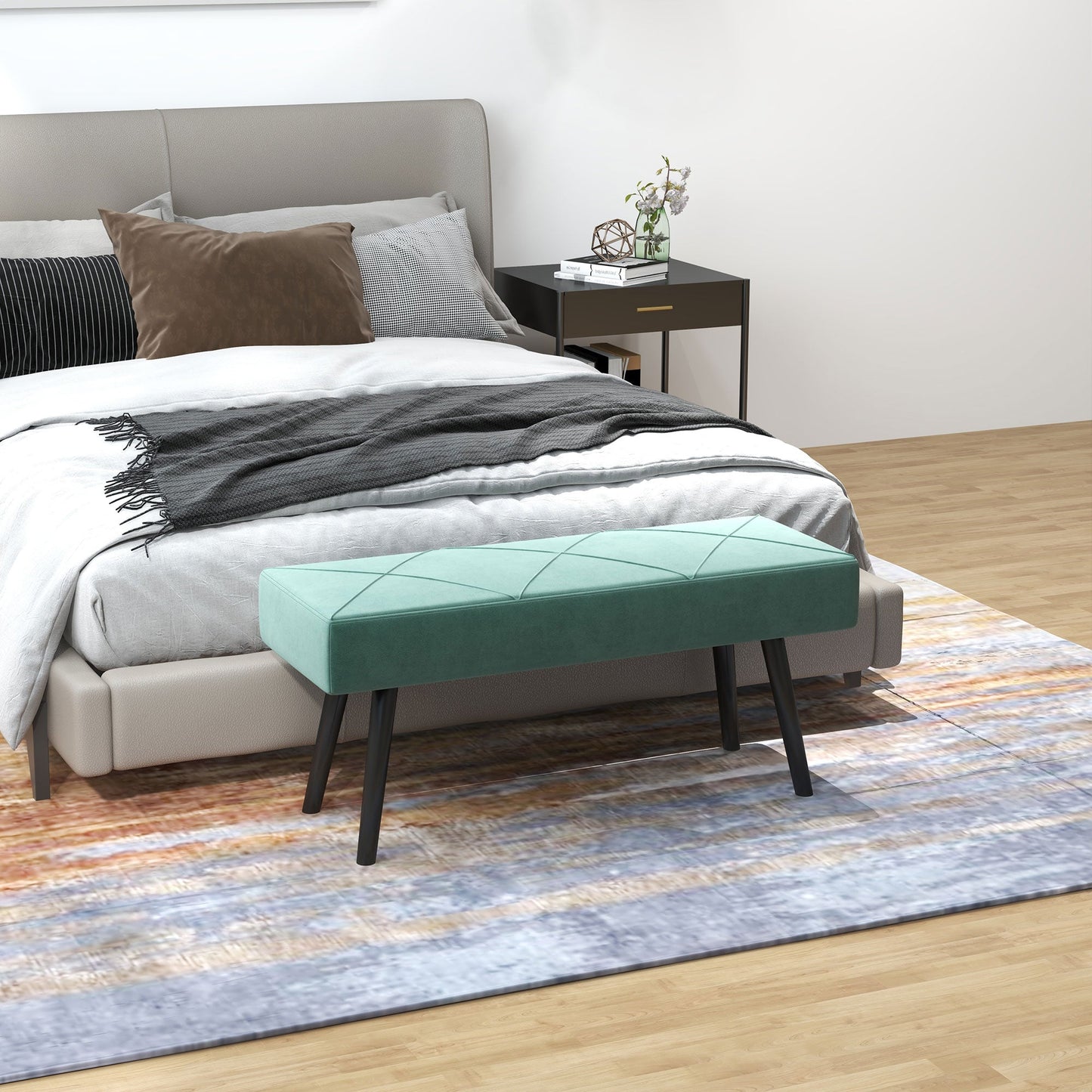 End of Bed Bench with X-Shape Design and Steel Legs, Upholstered Hallway Bench for Bedroom, Green-1