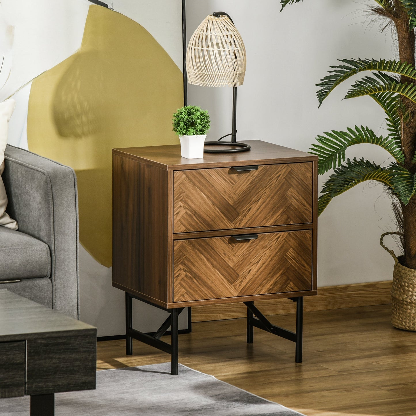Side Cabinet Home Organizer with 2 Storage Drawer Unit, Hidden Handle for Bedroom, Living Room, Herringbone Pattern, Walnut Brown-1