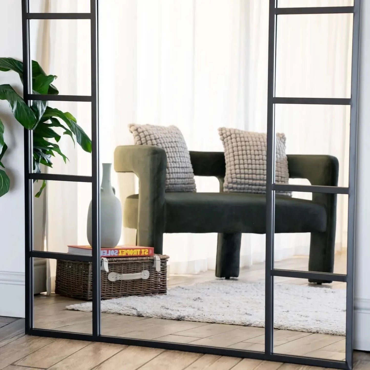 Mio - Full Length Black Metal Arched Window Mirror - 180cm x 105cm.-3