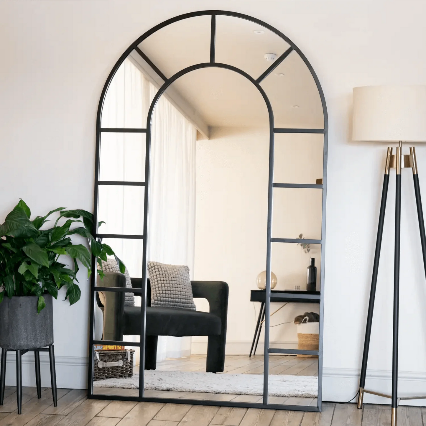 Mio - Full Length Black Metal Arched Window Mirror - 180cm x 105cm.-0