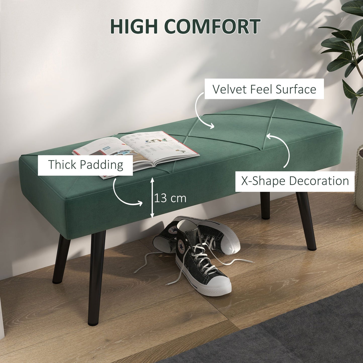 End of Bed Bench with X-Shape Design and Steel Legs, Upholstered Hallway Bench for Bedroom, Green-3
