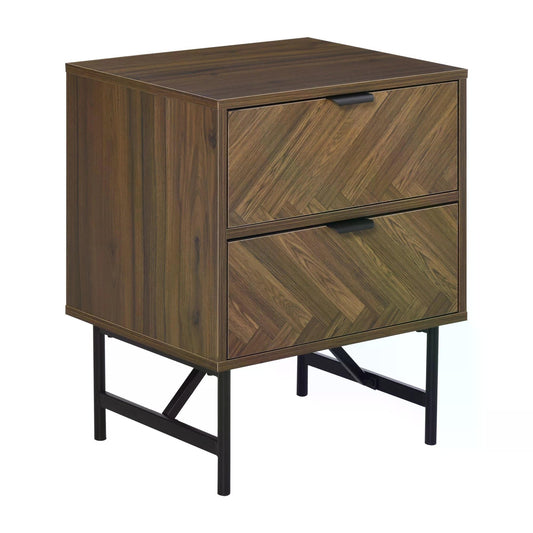 Side Cabinet Home Organizer with 2 Storage Drawer Unit, Hidden Handle for Bedroom, Living Room, Herringbone Pattern, Walnut Brown-0