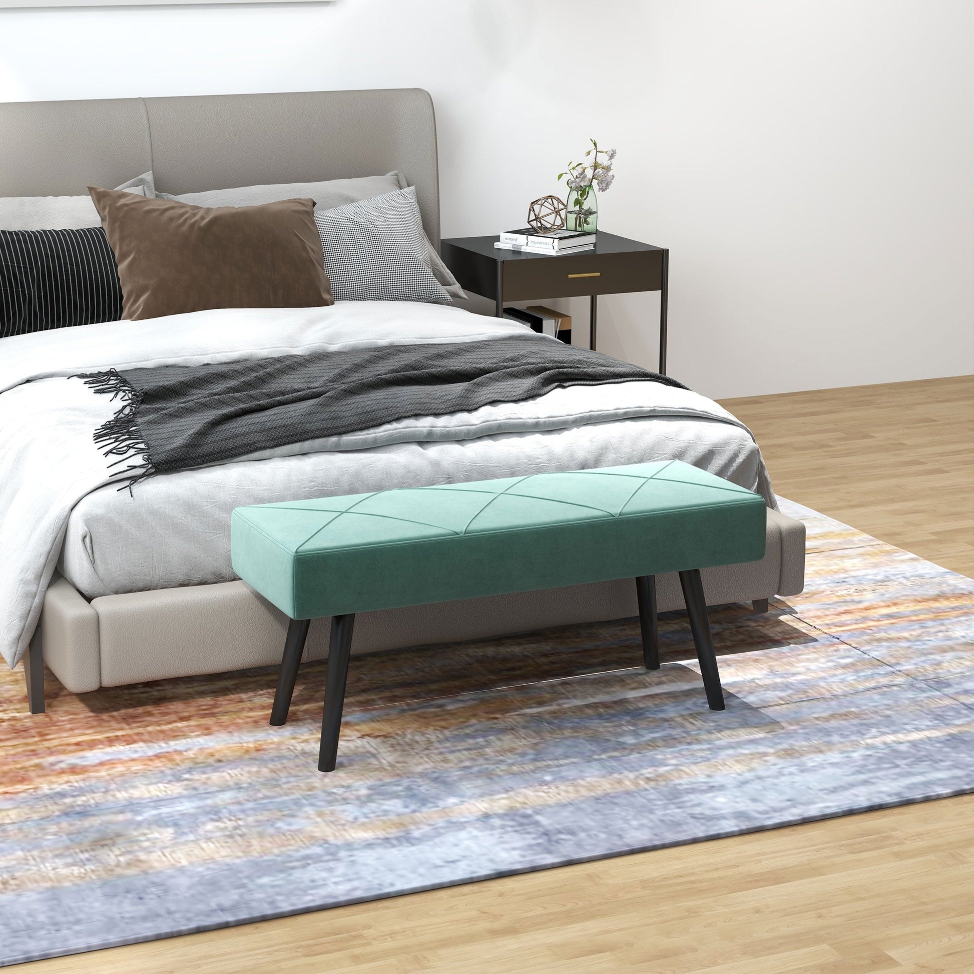 End of Bed Bench with X-Shape Design and Steel Legs, Upholstered Hallway Bench for Bedroom, Green-1