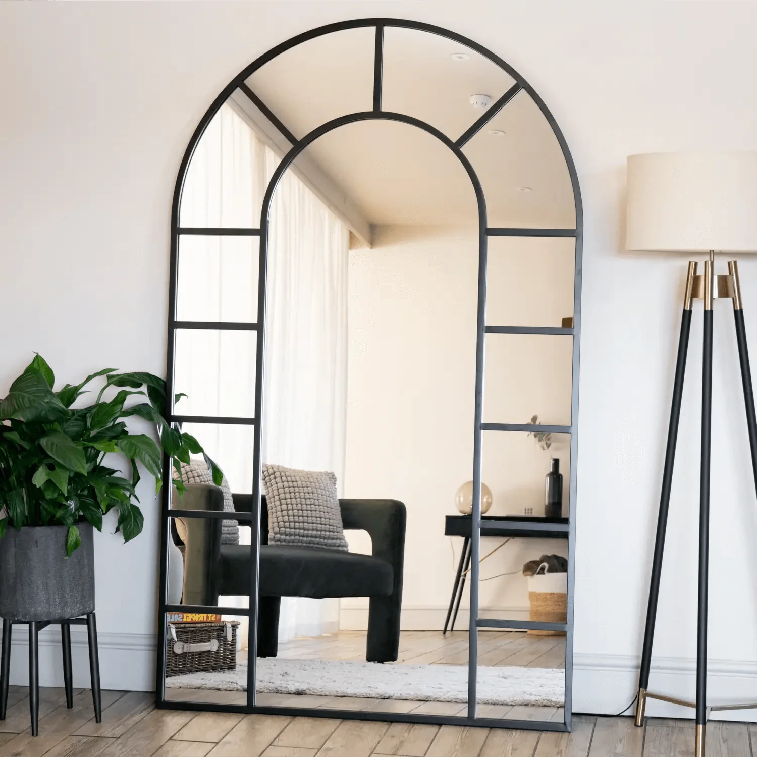 Mio - Full Length Black Metal Arched Window Mirror - 180cm x 105cm.-0
